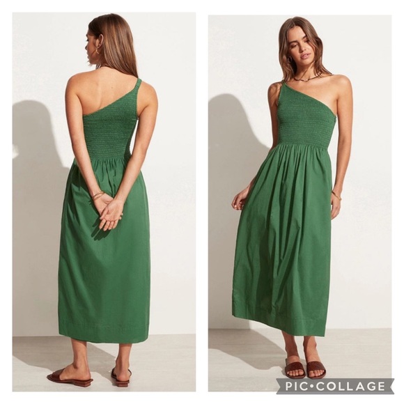 Faithfull the Brand Small Khalani Midi Dress Dark Green One Shoulder - Picture 2 of 10